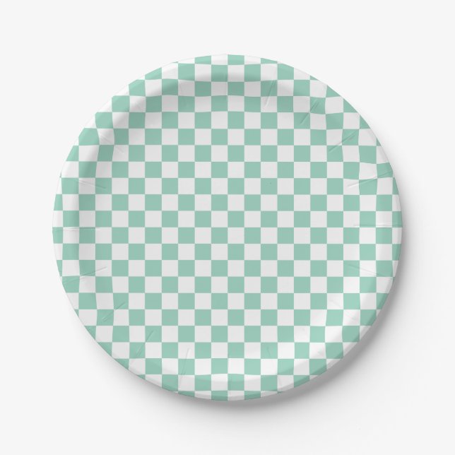 White & Teal Cute Checkerboard Paper Plates (Front)
