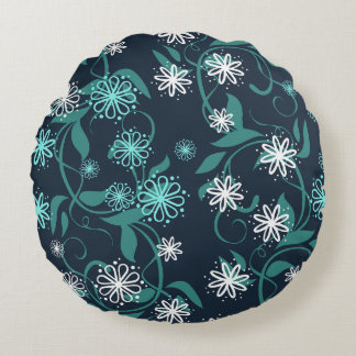 White & Teal Floral Round Pillow