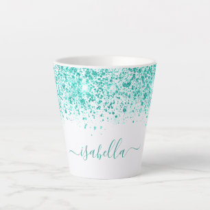 White teal glitter sea green name script latte mug