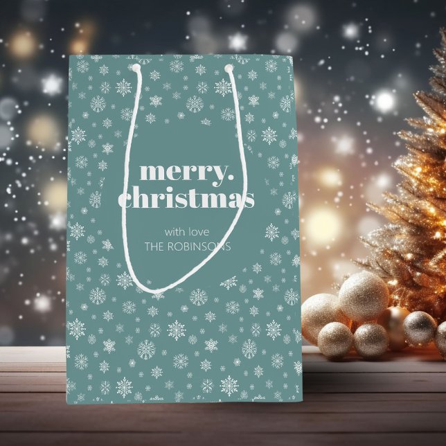White Teal Green Merry Christmas Snowflake Pattern Medium Gift Bag (Christmas holiday snowflake pattern gift bag)
