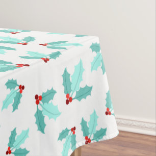 White Teal Holly Foliage Red Berries Christmas Tablecloth