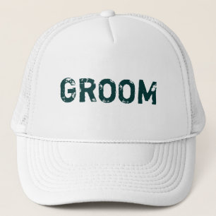 White teal lettering theme Groom hat