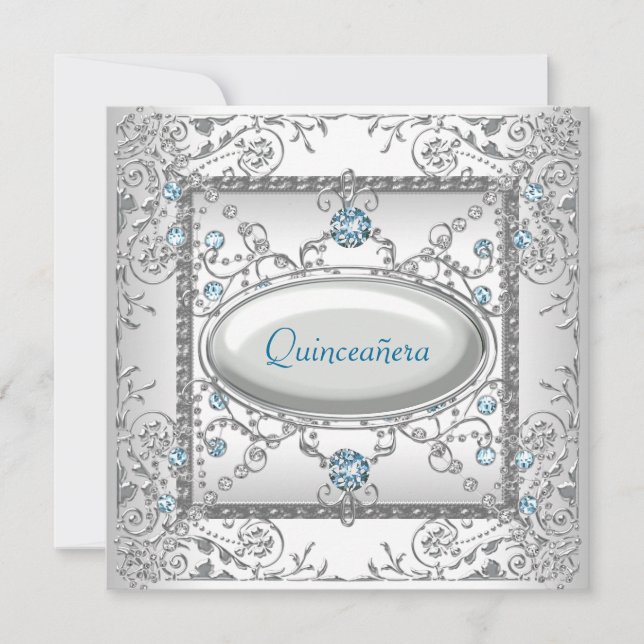 White Teal Quinceanera Invitation (Front)