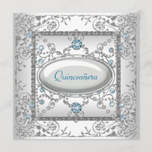 White Teal Quinceanera Invitation