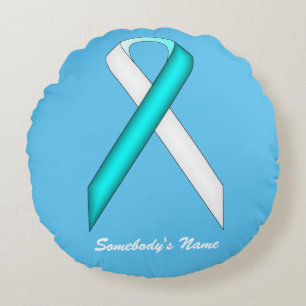 White-Teal Standard Ribbon by Kenneth Yoncich Round Cushion