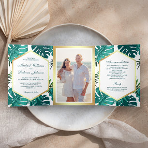 White Teal Tropical Palm Monstera Leaves Wedding Tri-Fold Invitation