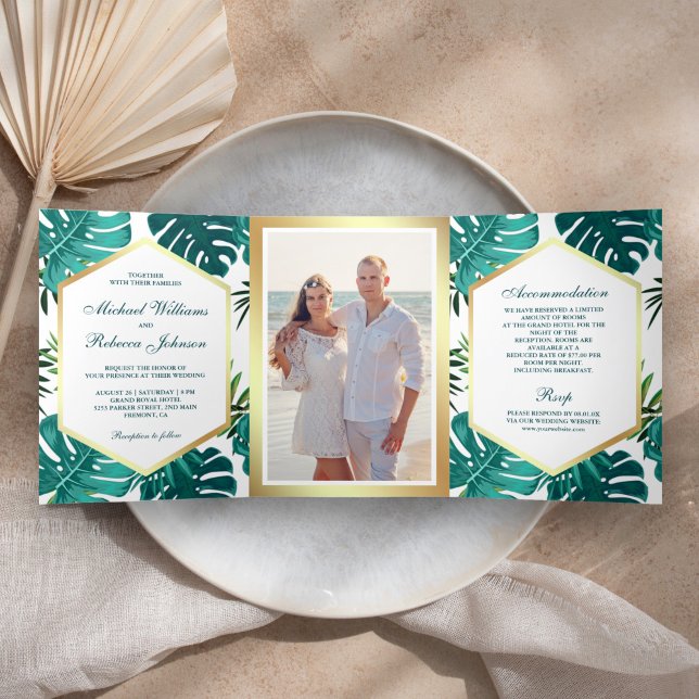 White Teal Tropical Palm Monstera Leaves Wedding Tri-Fold Invitation (Creator Uploaded)