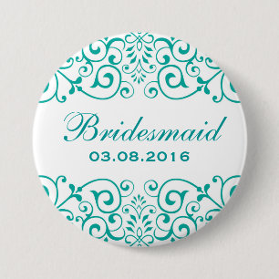 White Teal Victorian Floral Bridesmaid Button