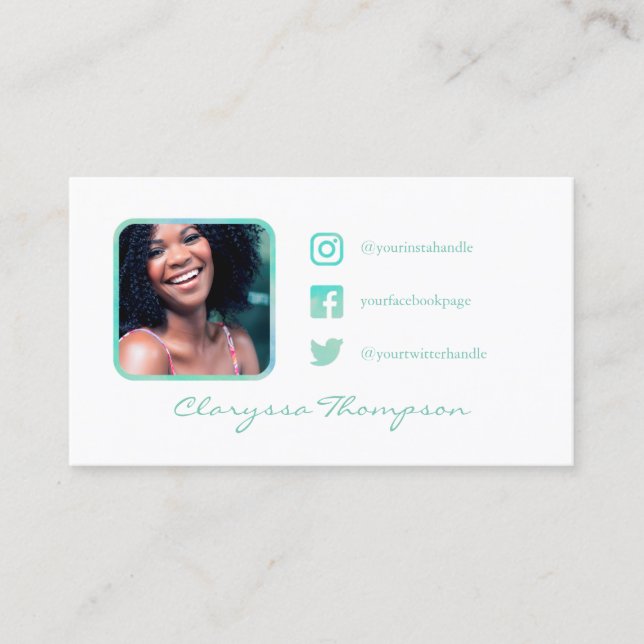 White & Teal Watercolor Photo Social Media Business Card (Front)