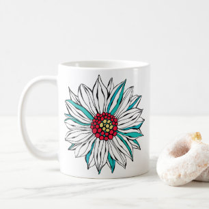 White Teal Yellow Orange Red Daisy Flowers Coffee Mug