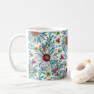 White Teal Yellow Orange Red Daisy Flowers Pattern Coffee Mug