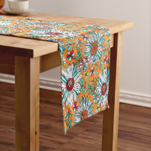 White Teal Yellow Orange Red Daisy Flowers Pattern Short Table Runner