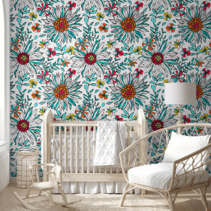White Teal Yellow Orange Red Daisy Flowers Pattern Wallpaper
