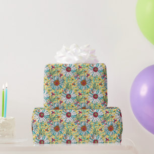 White Teal Yellow Orange Red Daisy Flowers Pattern Wrapping Paper