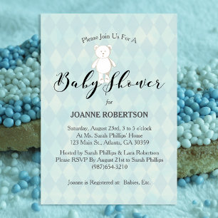 White Teddy Bear Baby Shower Blue Diamond Invitation