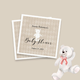 White Teddy Bear Baby Shower Modern   Tan Argyle Napkin