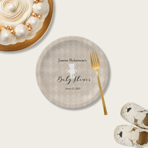 White Teddy Bear Baby Shower Tan Argyle Paper Plate