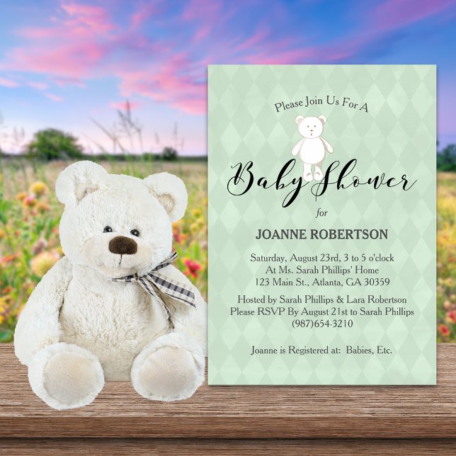 White Teddy Bear Diamond Sage Green Baby Shower Invitation (Creator Uploaded)