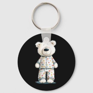 White Teddy Bear in Pajama Look Key Ring