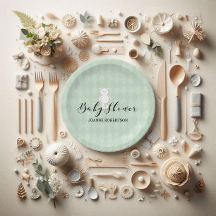 White Teddy Bear Sage Green Diamond Baby Shower Paper Plate