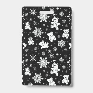 White Teddy Bear & Snowflake Seamless Pattern ID Badge