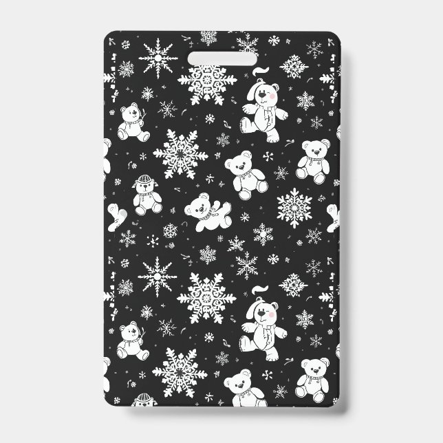 White Teddy Bear & Snowflake Seamless Pattern ID Badge (Front)