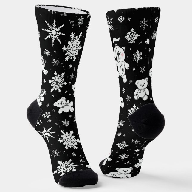 White Teddy Bear & Snowflake Seamless Pattern Socks (Angled)