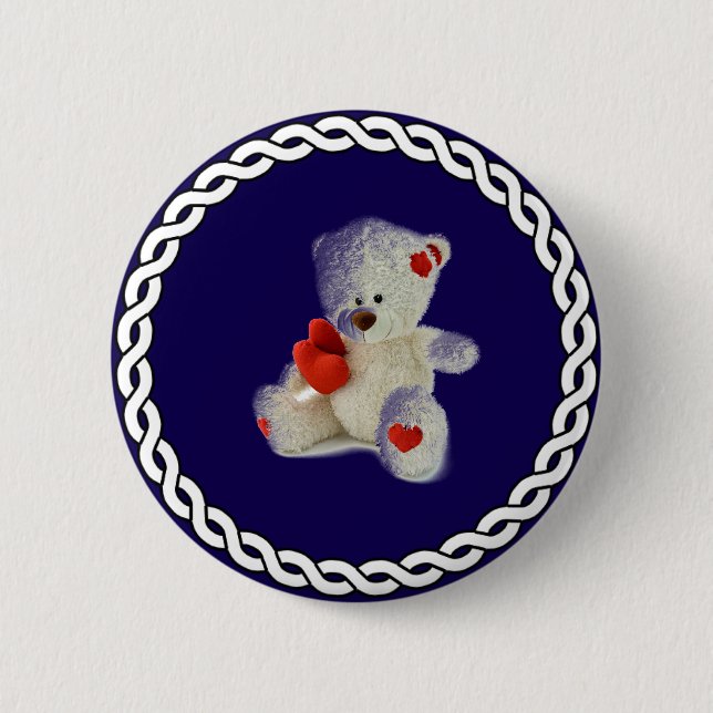 White Teddy Bear, white circle frame, 6 Cm Round Badge (Front)