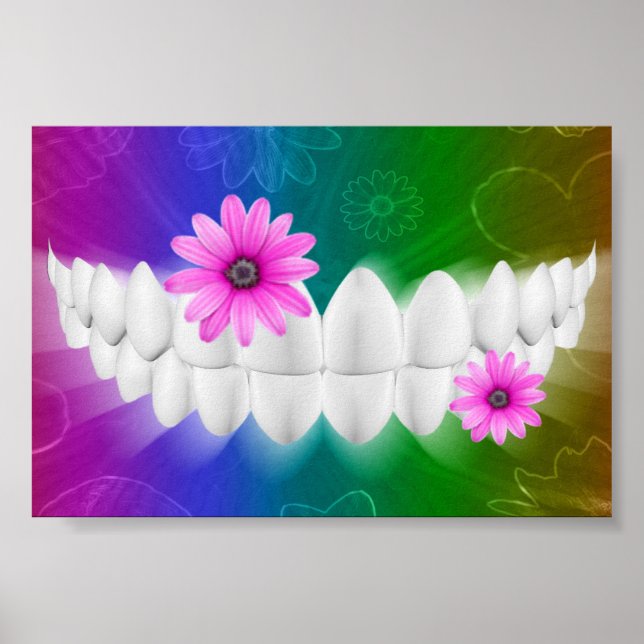 White Teeth Smile Pink Flower Dentist Poster (Front)