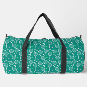 White Tennis Racket and a Ball Pattern Green Duffle Bag