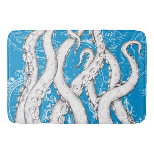 White Tentacles Octopus Vintage Map Blue Nautical Bath Mat