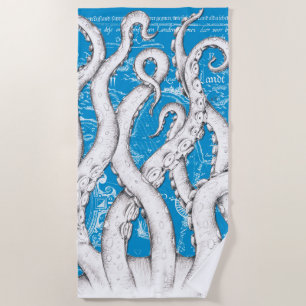 White Tentacles Octopus Vintage Map Blue Nautical Beach Towel