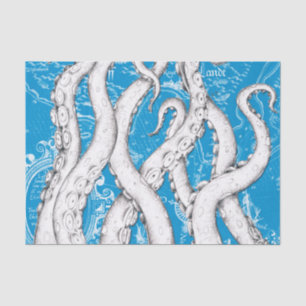 White Tentacles Octopus Vintage Map Blue Nautical Tissue Paper