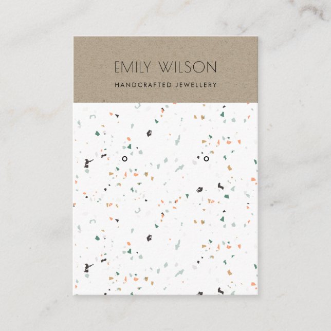 WHITE TERRAZZO TEXTURE KRAFT EARRING DISPLAY LOGO BUSINESS CARD (Front)