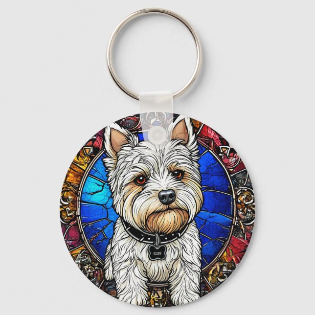 White Terrier Dog Portrait Key Ring (Front)