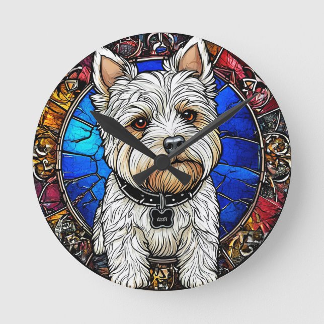 White Terrier Dog Portrait Round Clock (Front)