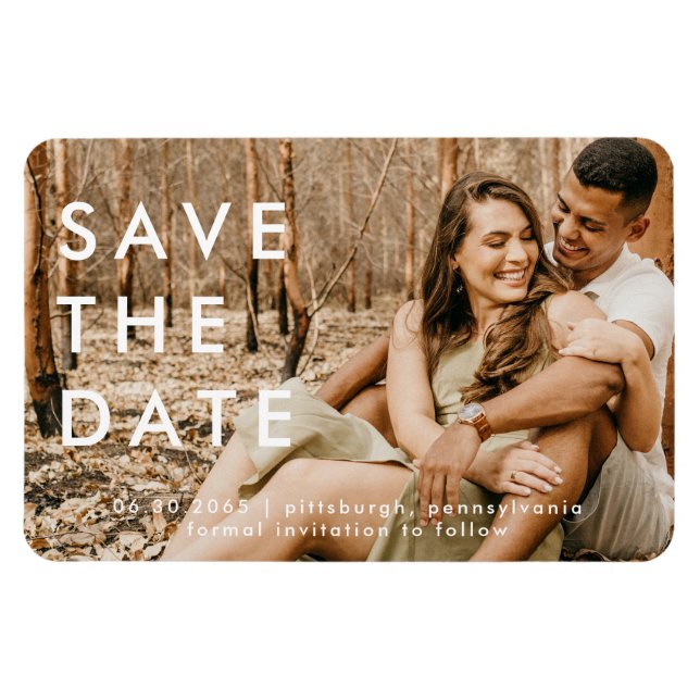 White Text Casual Photo Wedding Save the Date Magnet (Horizontal)