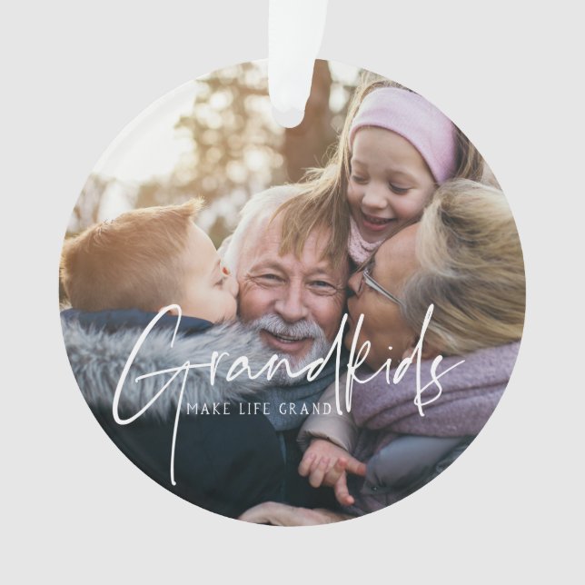 White Text | Grandkids Make Life Grand Photo Ornament (Front)