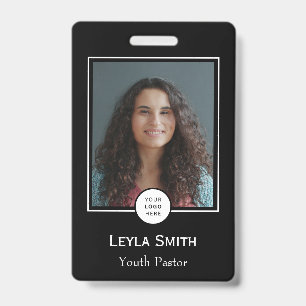White Text Logo Photo Black Background Church ID Badge