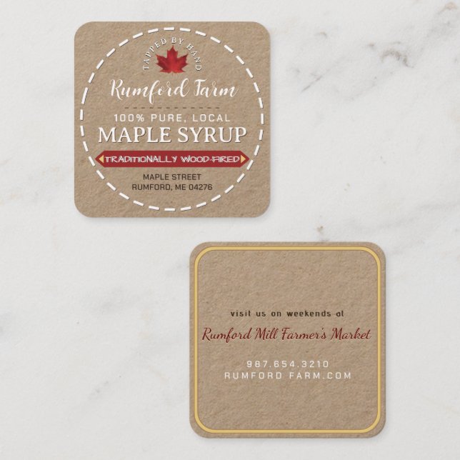 White Text on “Kraft" Maple Syrup Dashed Border Square Business Card (Front/Back)