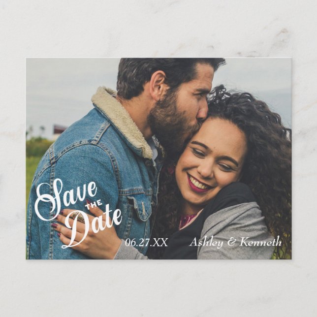 White Text Save the Date Wedding Postcard (Front)