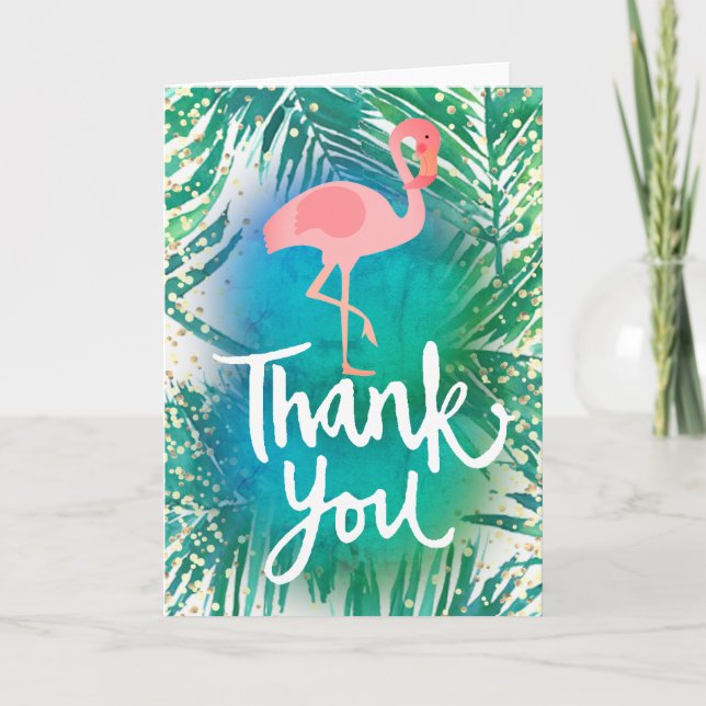 white thank you script flamingo on palm leaves (Front)