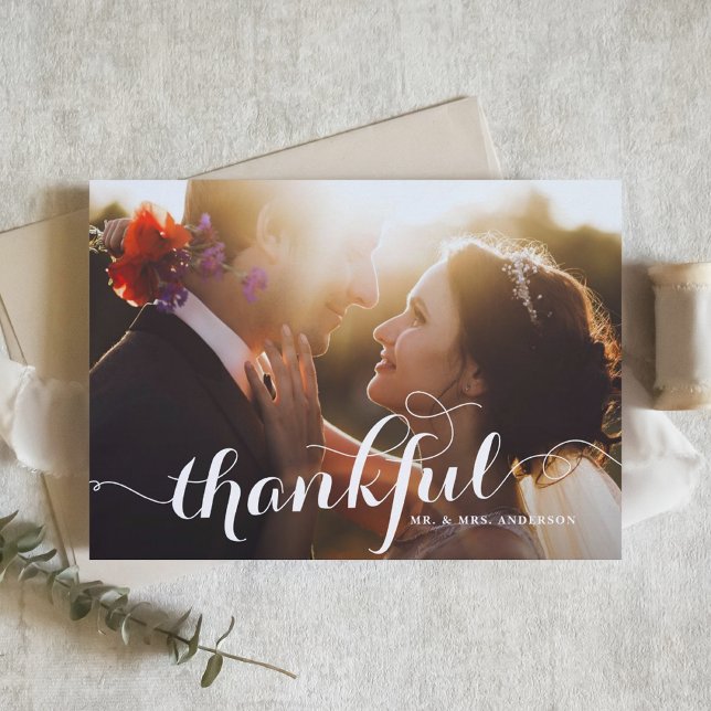 White Thankful Modern Calligraphy Photo Wedding Thank You Card (Creator Uploaded)
