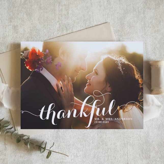 White Thankful Modern Calligraphy Photo Wedding Thank You Card (Creator Uploaded)