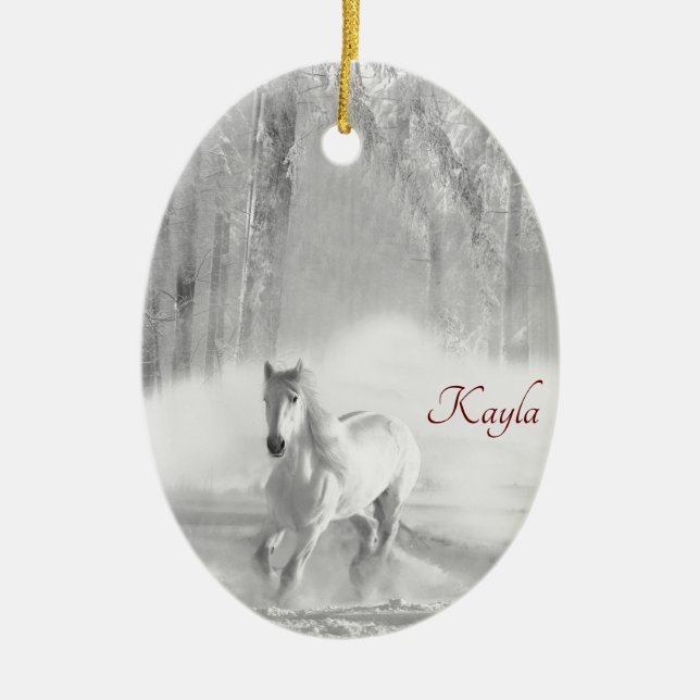 White Thoroughbred Horse Running in Snowy Ceramic Ornament (Front)