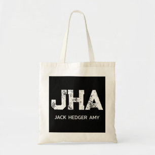 WHITE THREE LETTER MONOGRAM NAME BLACK NATURAL TOTE BAG