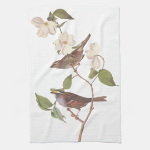 White Throated Sparrow Audubon Birds with Flowers Tea Towel