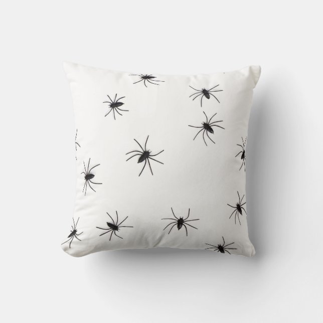 White Throw Pillow with Spiders (Front)
