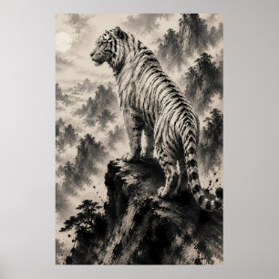 White Tiger Above the Misty Mountains Poster