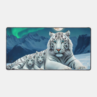 White Tiger And Baby Cubs In The Snow  Desk Mat